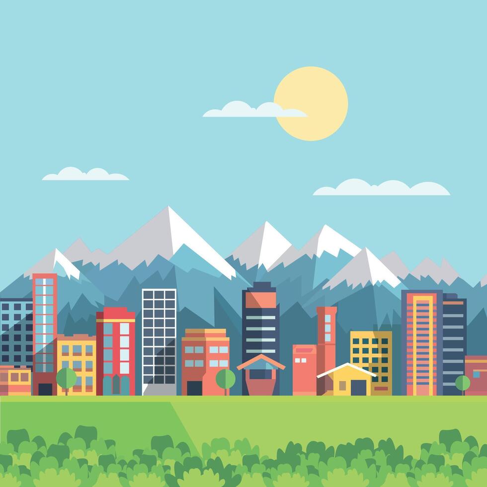 House Home and City Building with Mountain View Flat Design Illustration vector