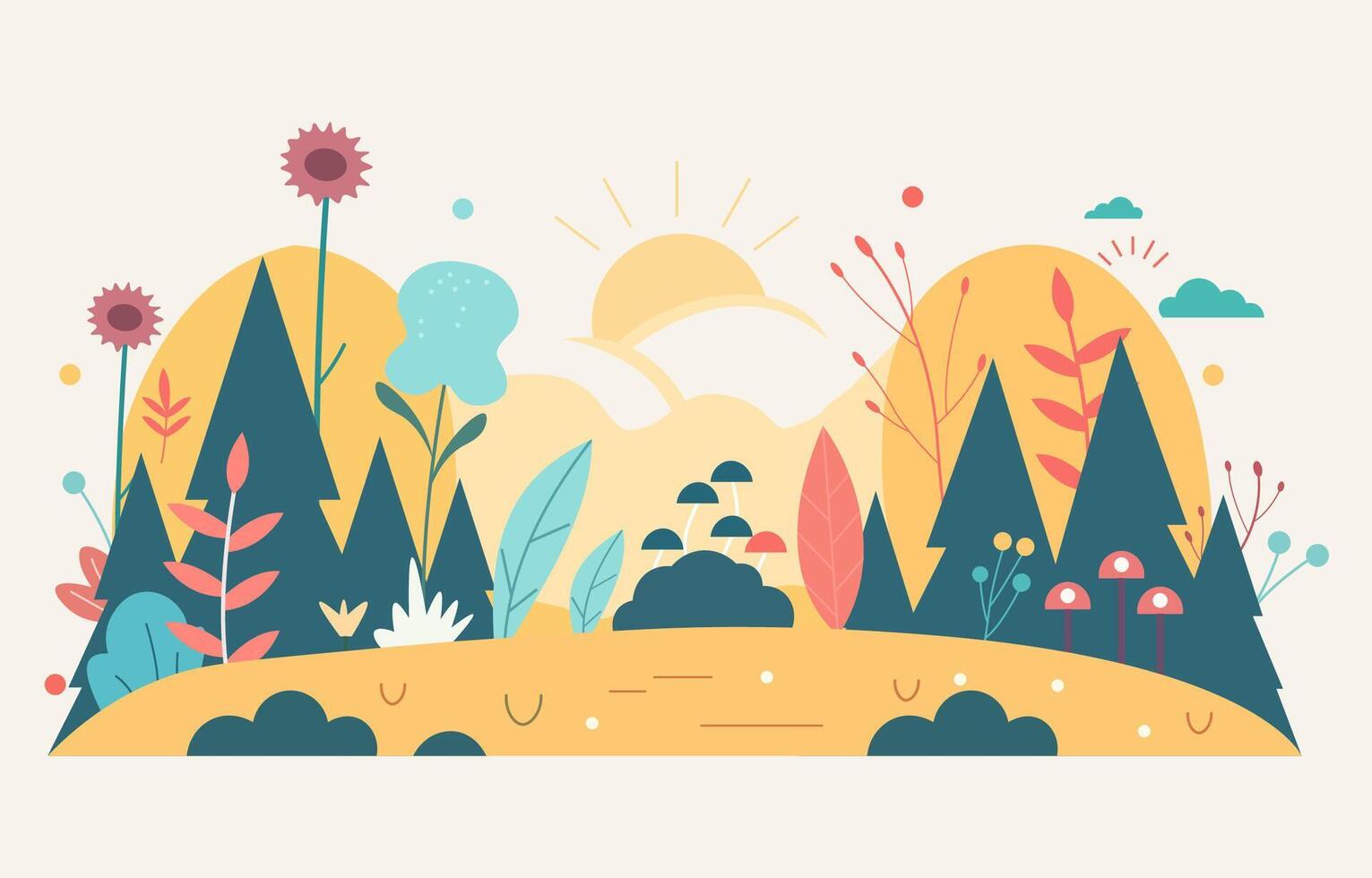 Flat Design of Beautiful Nature Landscape in Summer with Tree Plants in Spring vector