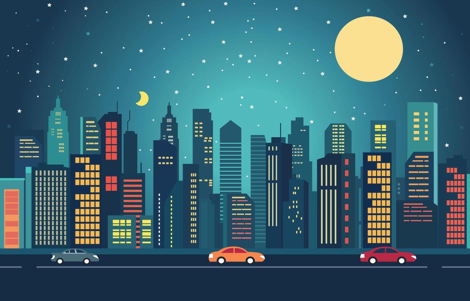 tráfico la carretera en ciudad a noche edificio paisaje urbano plano diseño vector