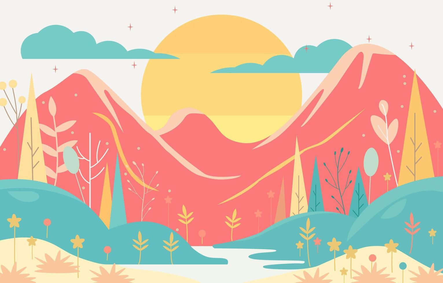 Flat Design Illustration of Mountain Nature Landscape with Big Sun in Summer vector