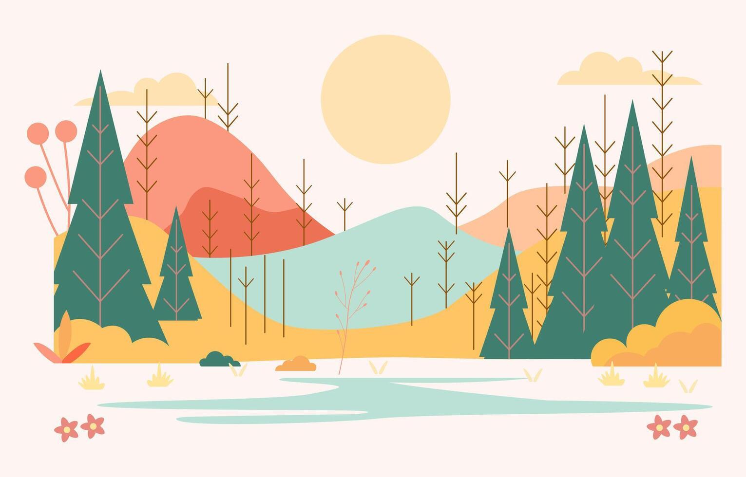 Flat Design Illustration of Hills Mountain View with Pine Trees in Summer vector