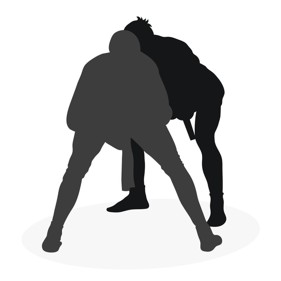 Image of silhouettes sambo athletes in sambo wrestling, combat sambo, duel, fight, fistfight, struggle, tussle, brawl, jiu jitsu. Martial art, sportsmanship vector