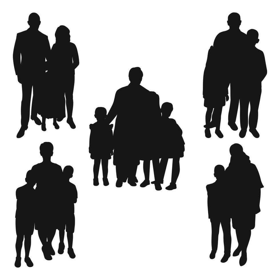 Set of family silhouettes of parents with children. Dad, mom, son, daughter. Isolated vector