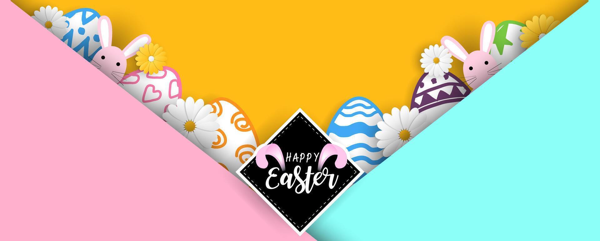 Easter holiday symbol in paper cut on colors website banner scale background. All in vector design.