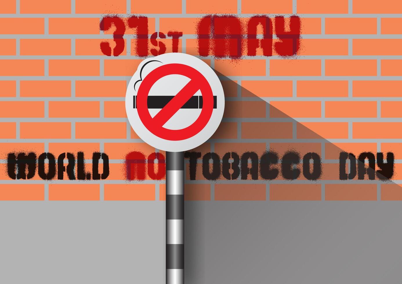 Sign of no smoking with Traffic Signs and shadow on the day and name of World no tobacco day letters in spray paint shape on brick wall and gray background. vector