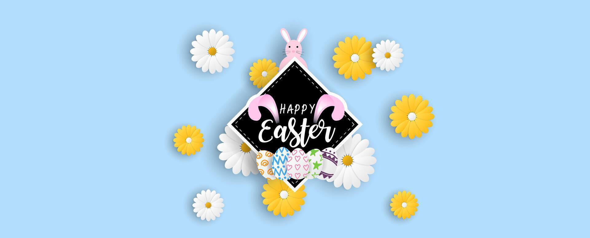 Black sign of Eater holiday design on white and yellow flowers with small bunny on light blue background. Easter holiday in paper cut vector design and website banner scale.