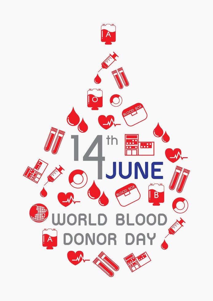 The day and name of World Blood Donor Day with red medical and blood donor icon collocated in blood droplet shape around wording isolate on white background. All in vector design.