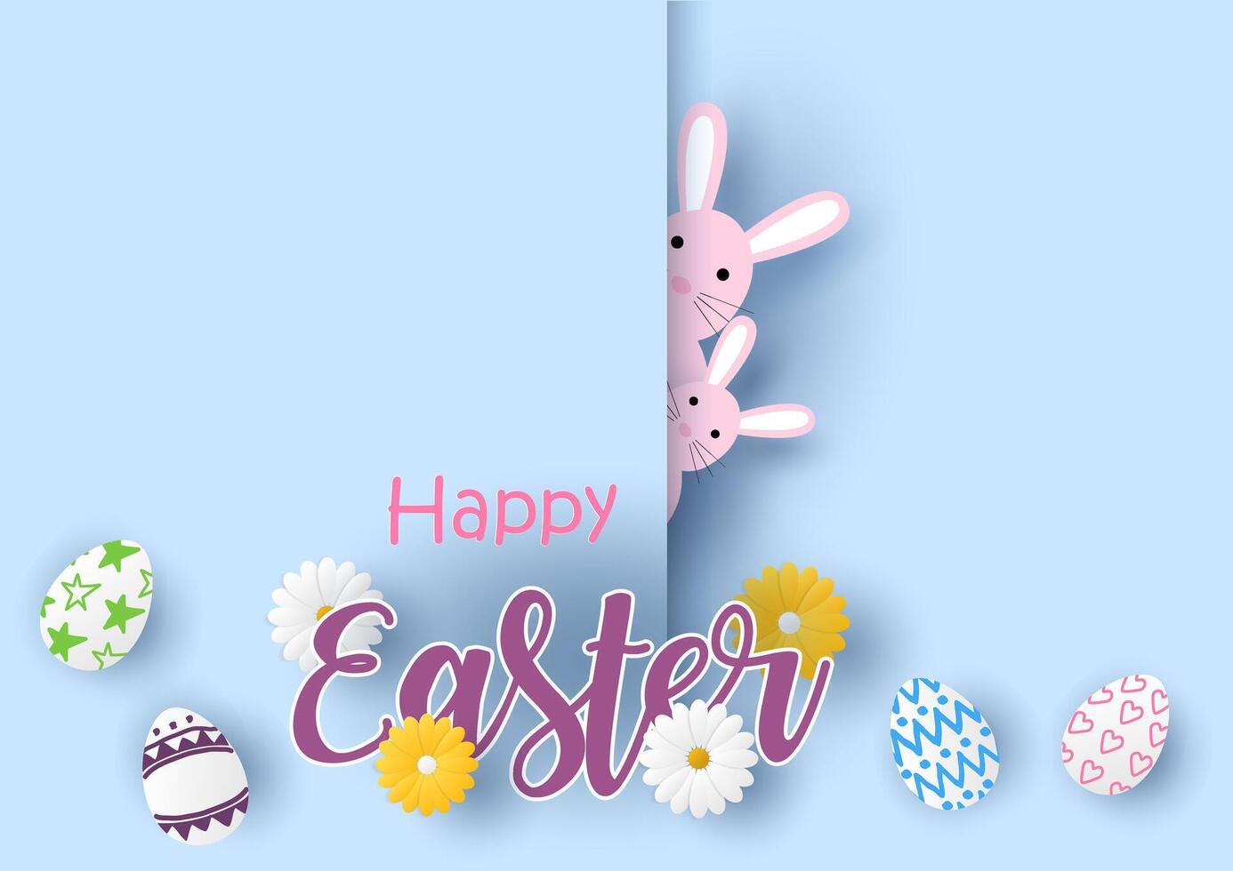White and yellow flowers with Easter eggs and the name of event on pink bunny looking secretly and light blue background. Easter holiday postcard in paper cut and vector design.