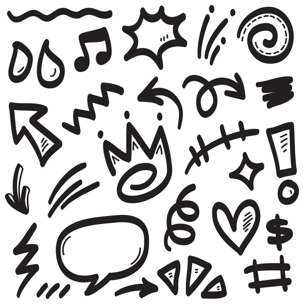 Vector set of hand-drawn cartoony expression sign doodle, curve directional arrows, emoticon effects design elements, cartoon character emotion symbols, cute decorative brush stroke lines.