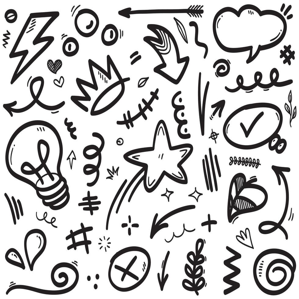 Vector set of hand-drawn cartoony expression sign doodle, curve directional arrows, emoticon effects design elements, cartoon character emotion symbols, cute decorative brush stroke lines.