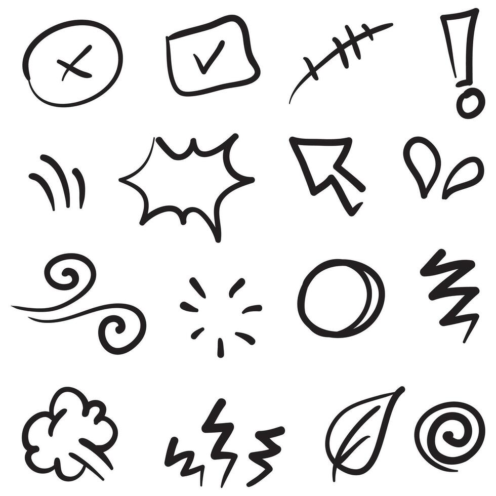 Conjunto de vectores de doodle de signo de expresión de dibujos animados dibujados a mano, flechas direccionales de curva, elementos de diseño de efectos de emoticonos, símbolos de emoción de personaje de dibujos animados, lindas líneas de trazo de pincel decorativo.