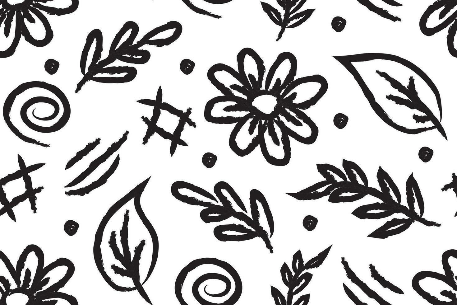 Seamless childish pattern with fairy flowers. Hand drawn black charcoal flowers with leaves. Ink drawing wild plants, herbs. Botanical ornament with branches. Dry brush style floral motives. vector
