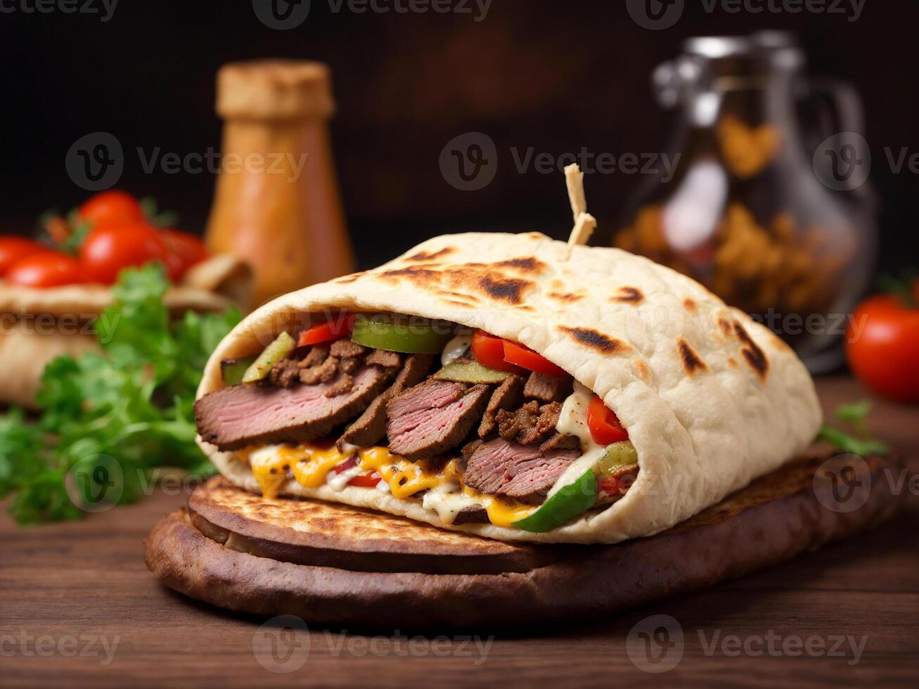 AI generated Shawarma sandwich in pita with beef meat vegetables and cheese photo