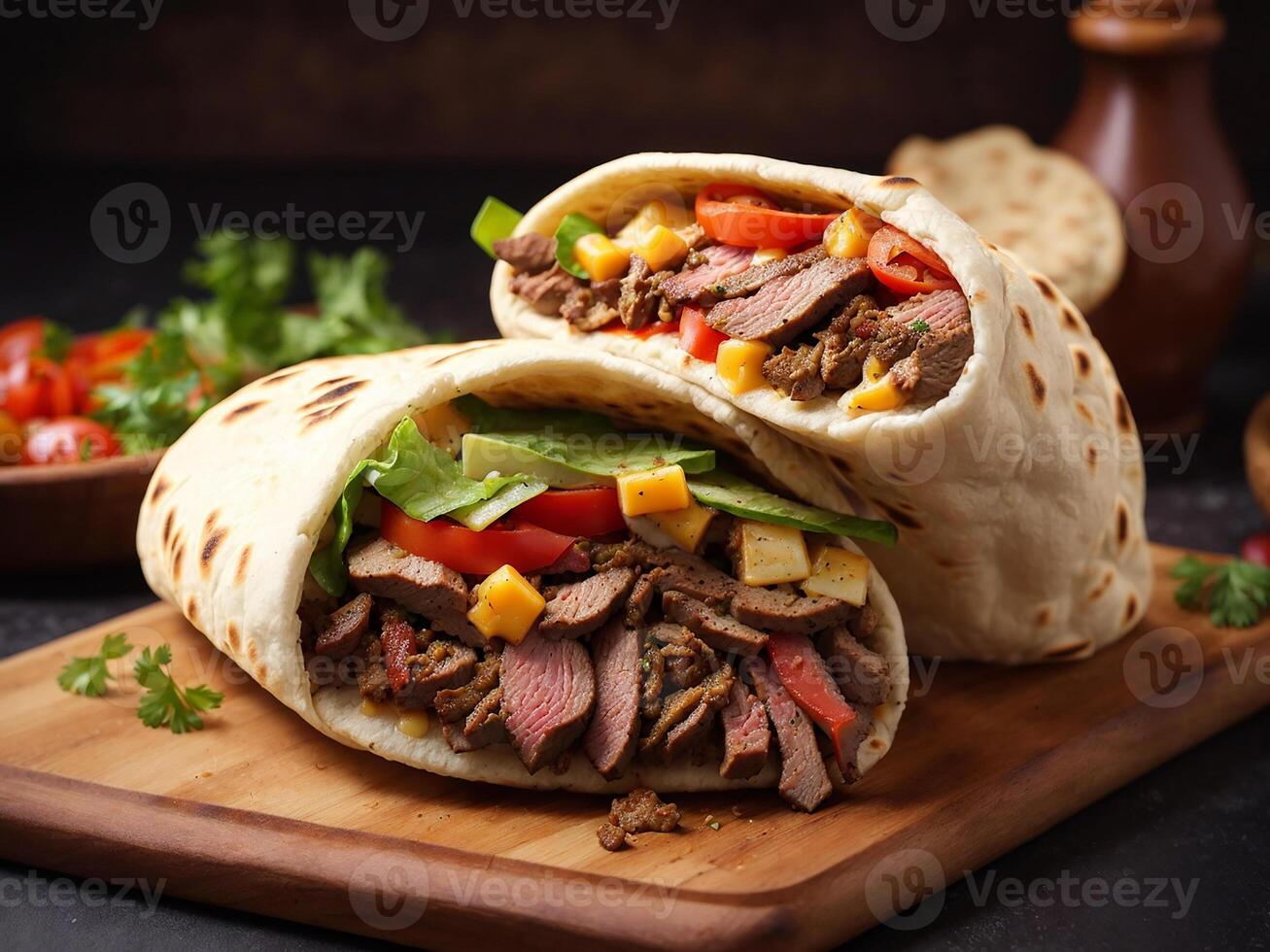 ai generado shawarma emparedado en Agave con carne de vaca carne vegetales y queso foto