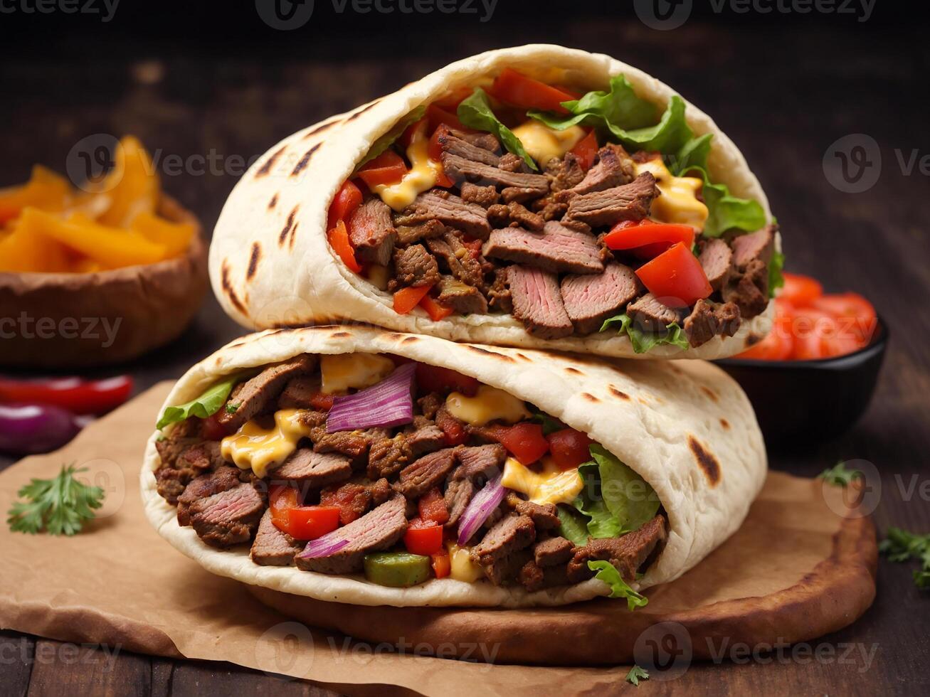 AI generated Shawarma sandwich in pita with beef meat vegetables and cheese photo