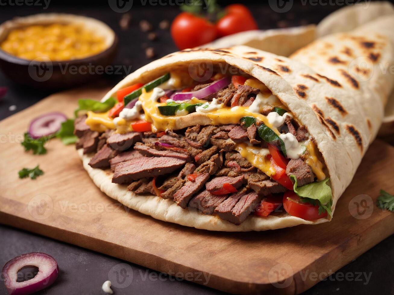 AI generated Shawarma sandwich in pita with beef meat vegetables and cheese photo