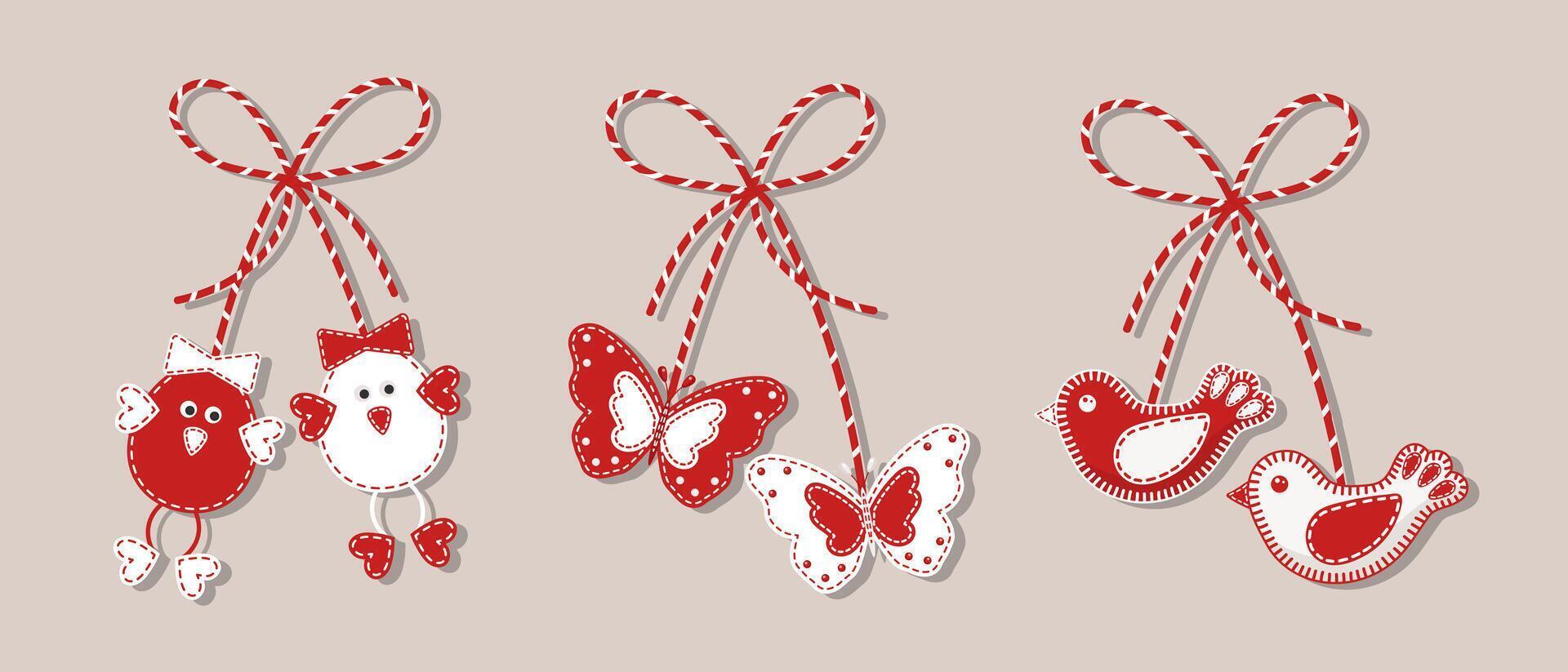 conjunto martisor, símbolo rojo y blanco de la primavera. vacaciones tradicionales de primavera en rumania y moldavia. símbolos, talismanes, iconos, vector