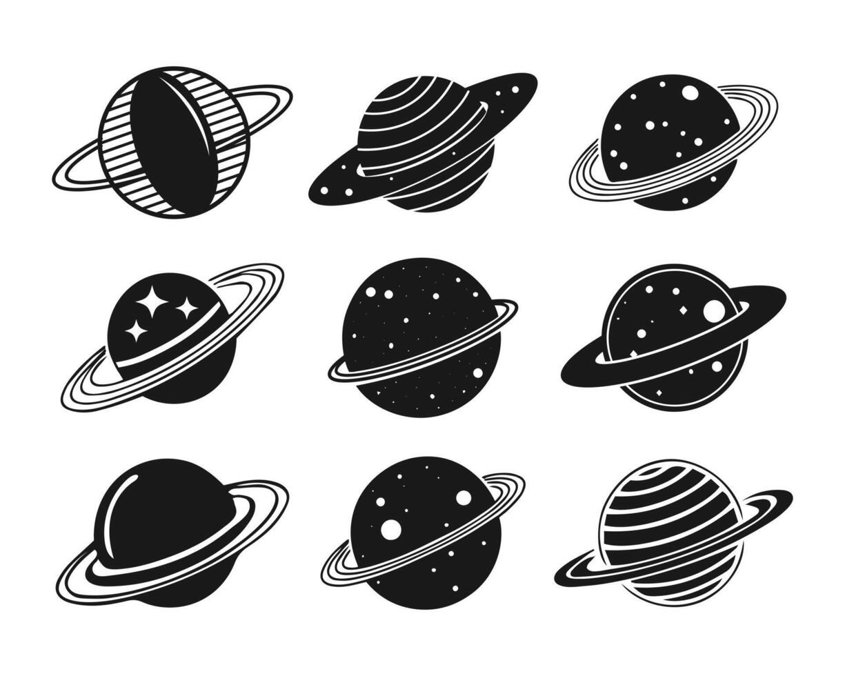 Set of fantastic space planets. Black and white silhouettes for design. Vector