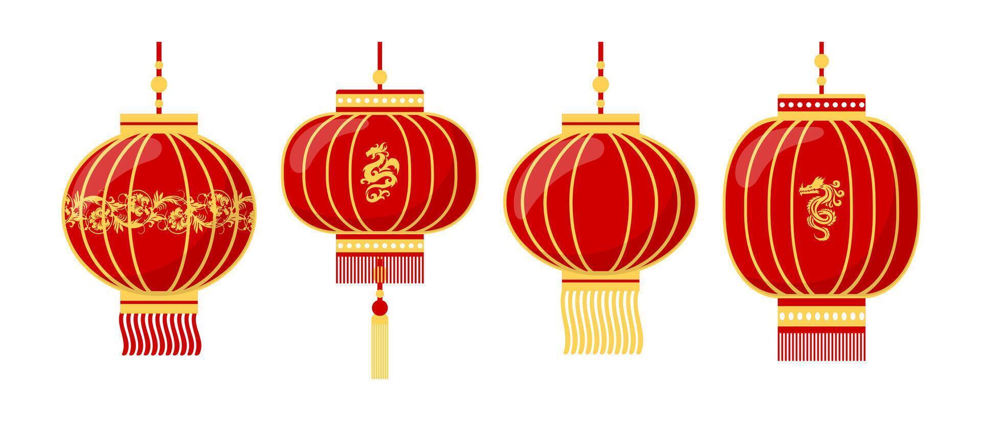 Set of colorful Chinese lanterns with patterns and dragons. Decor elements for Lantern Festival. icons, vector