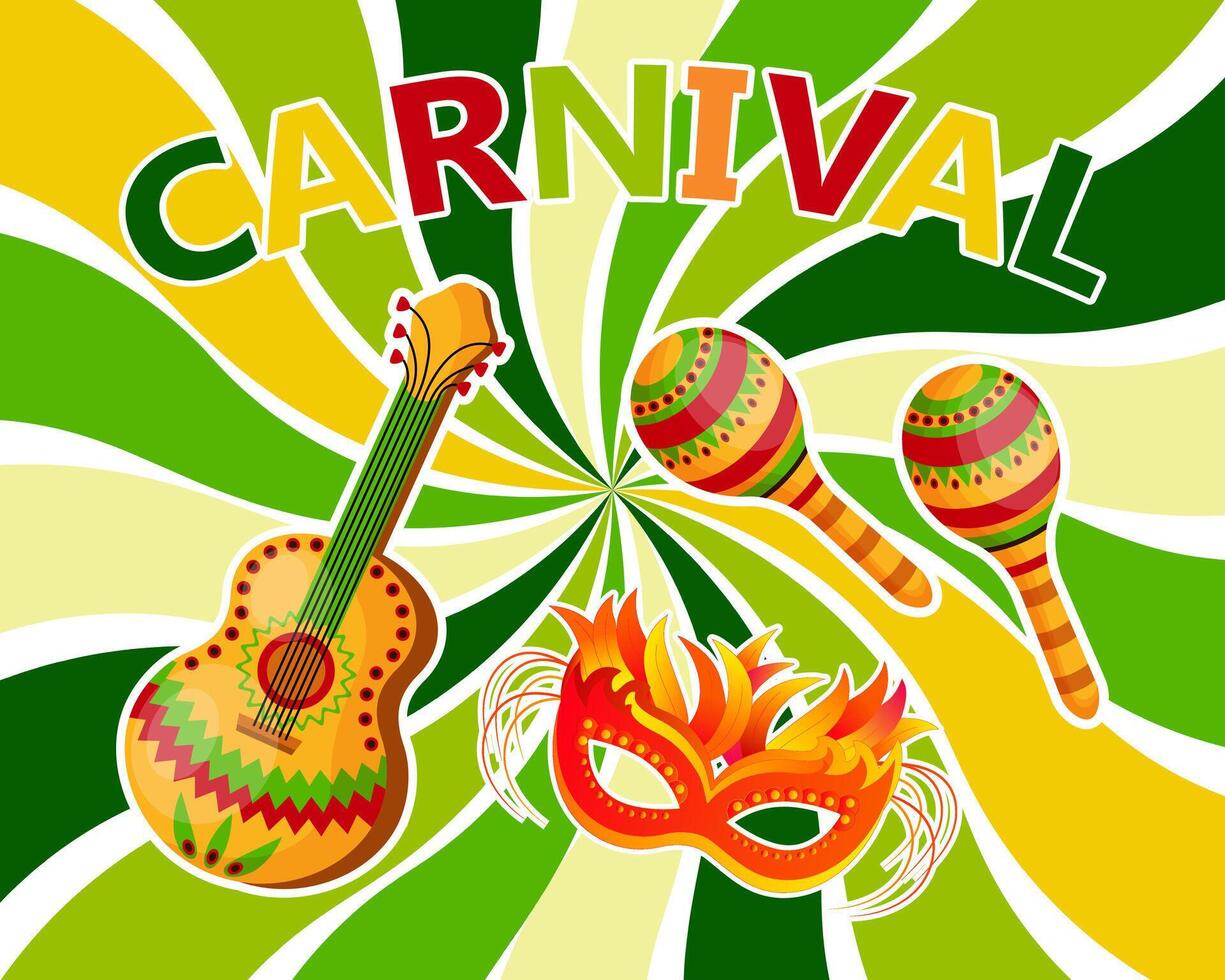 vistoso carnaval mascaras, guitarra, maracas y texto carnaval en un vistoso ondulado antecedentes. bandera, póster, vector