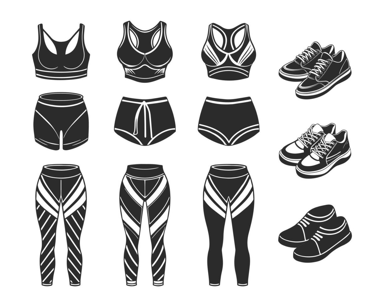 Running equipment for women, fitness set. Running accessories for women. Sportswear and sports shoes. Vector