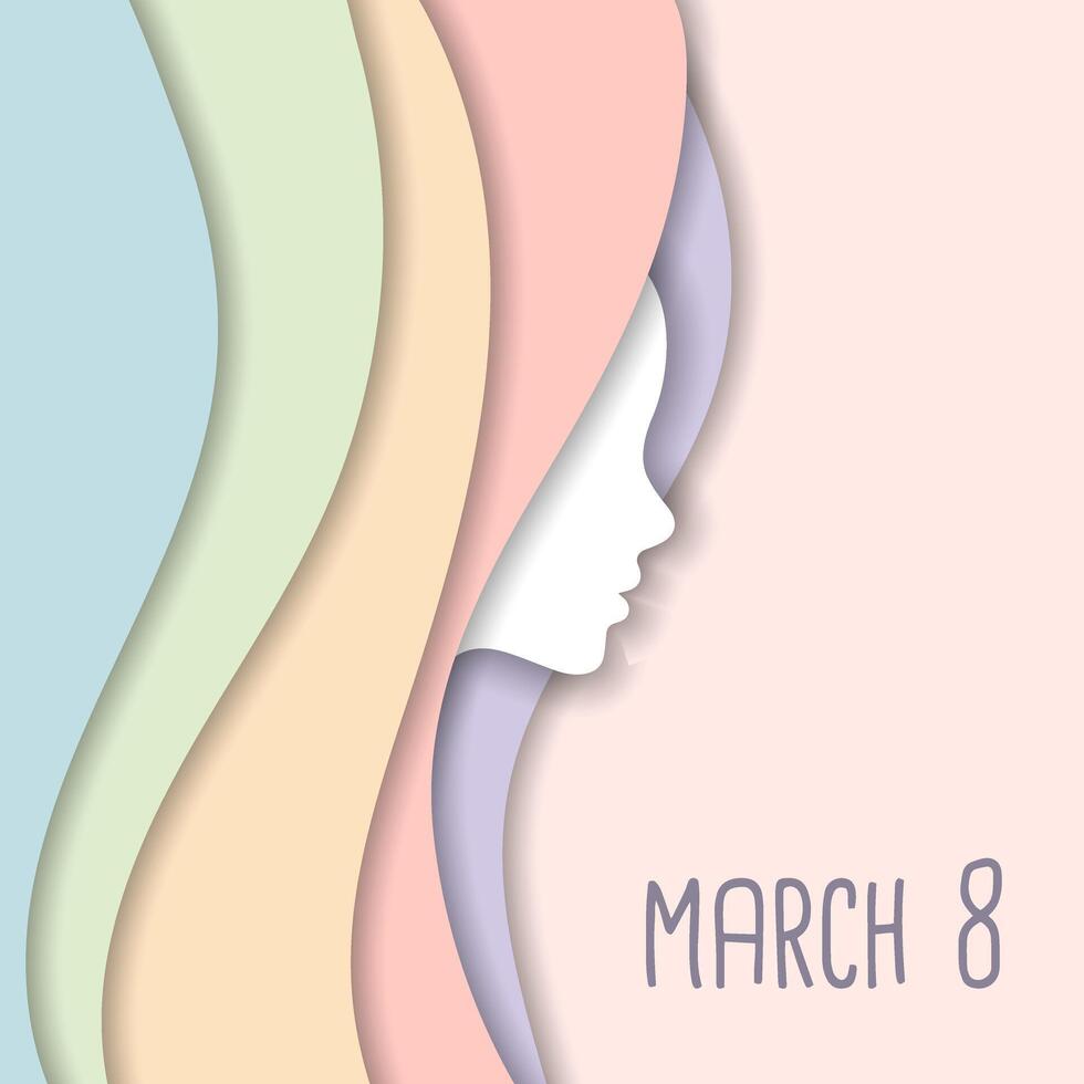 Greeting card template for Women's Day March 8th. Female profile silhouettes with shadow, cut paper effect. Vector