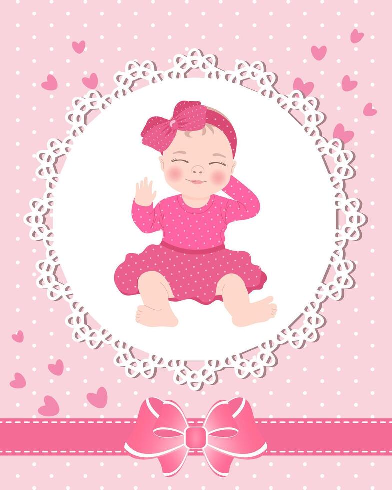 Children's greeting card with a cute baby girl on a lace template with a bow and hearts. Newborn design, vector. vector