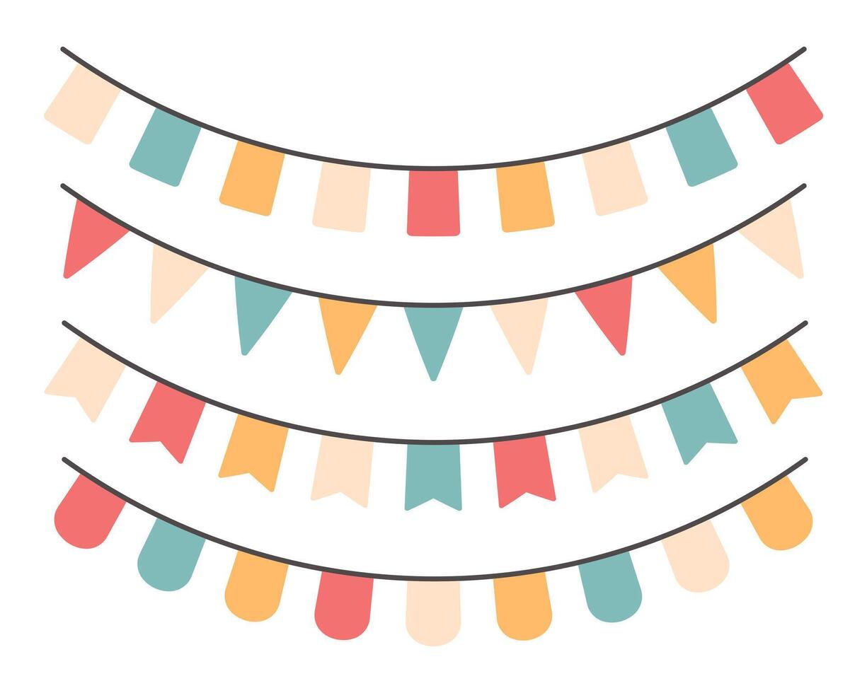 Set of festive garlands with multi-colored flags. Icons in flat style. Vector