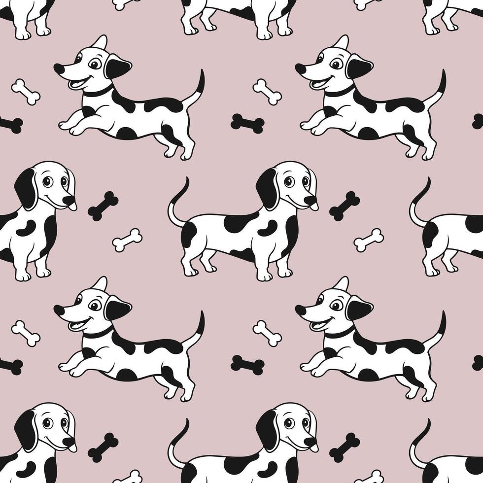 Seamless pattern with cute cartoon Dalmatian dogs on a light background. Vector illustration.