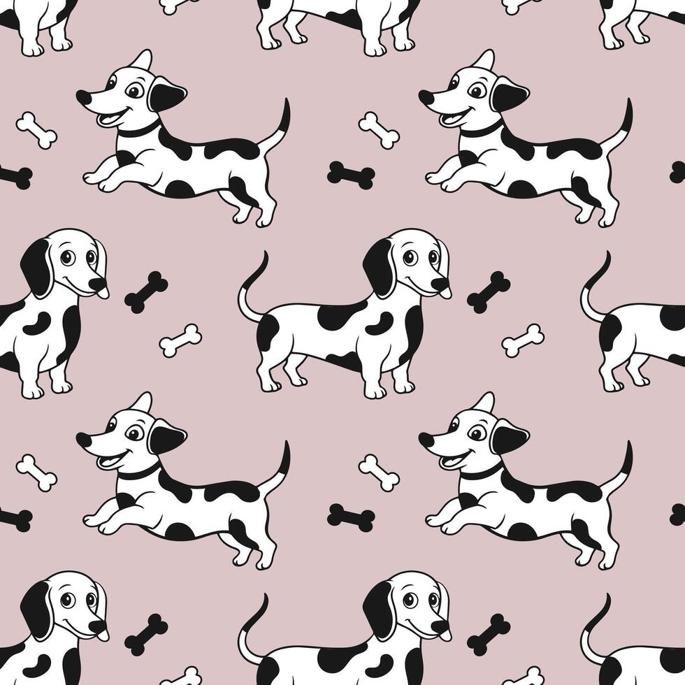 Seamless pattern with cute cartoon Dalmatian dogs on a light background. Vector illustration.