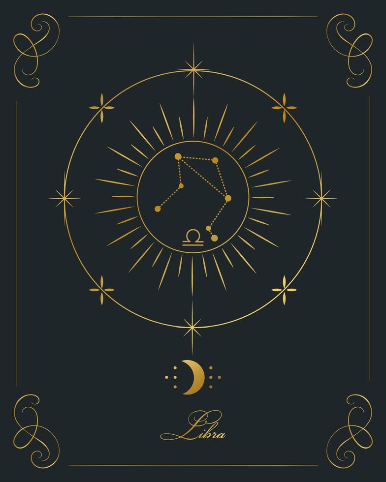 Magical astrology poster with Libra constellation, tarot card. Golden design on a black background. Vertical illustration, vector
