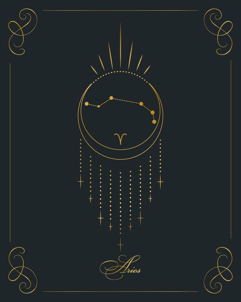 Magic astrology poster with Aries constellation, tarot card. Golden design on a black background. Vertical illustration, vector