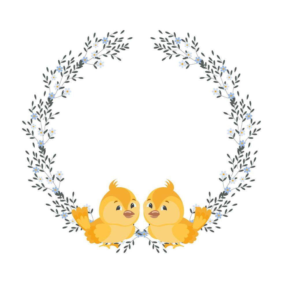 Frame of small flowers and scattered leaves with little cute chickens. Easter frame, spring illustration, vector