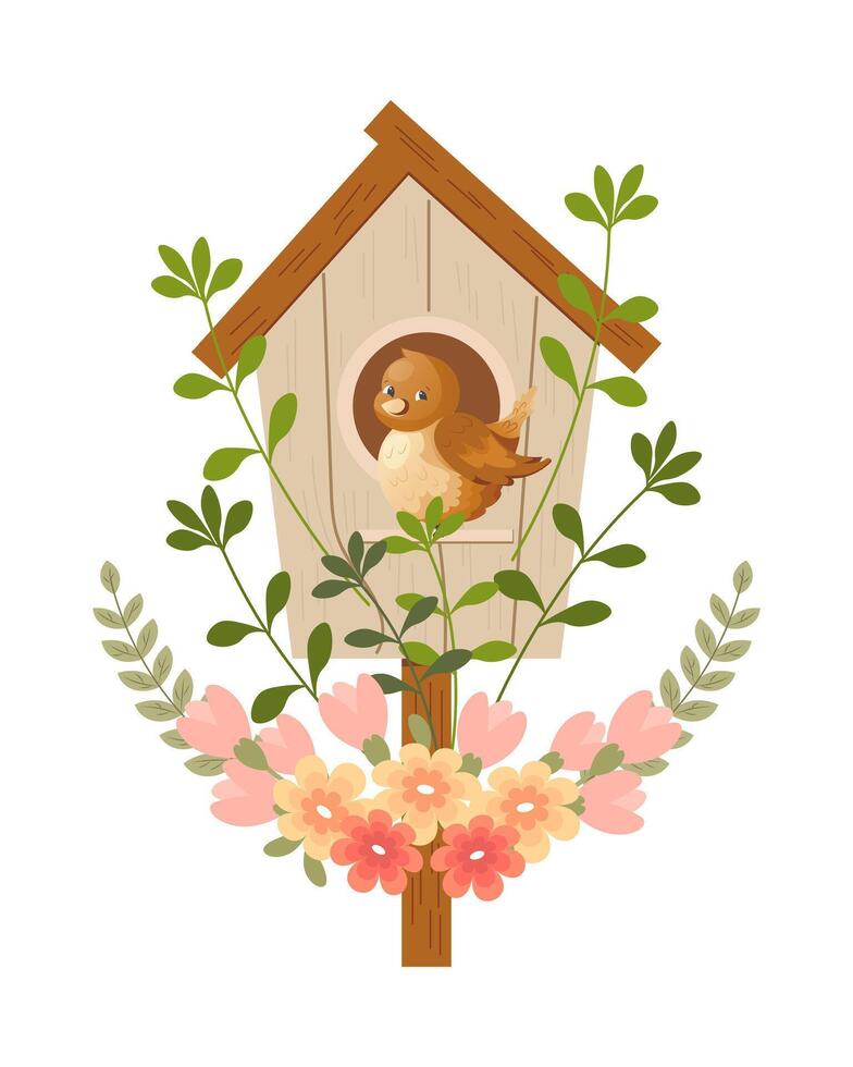 Cute birdhouse with birds, decorated with flowers and leaves. Spring clip art in flat cartoon style. Spring holiday illustration. Vector