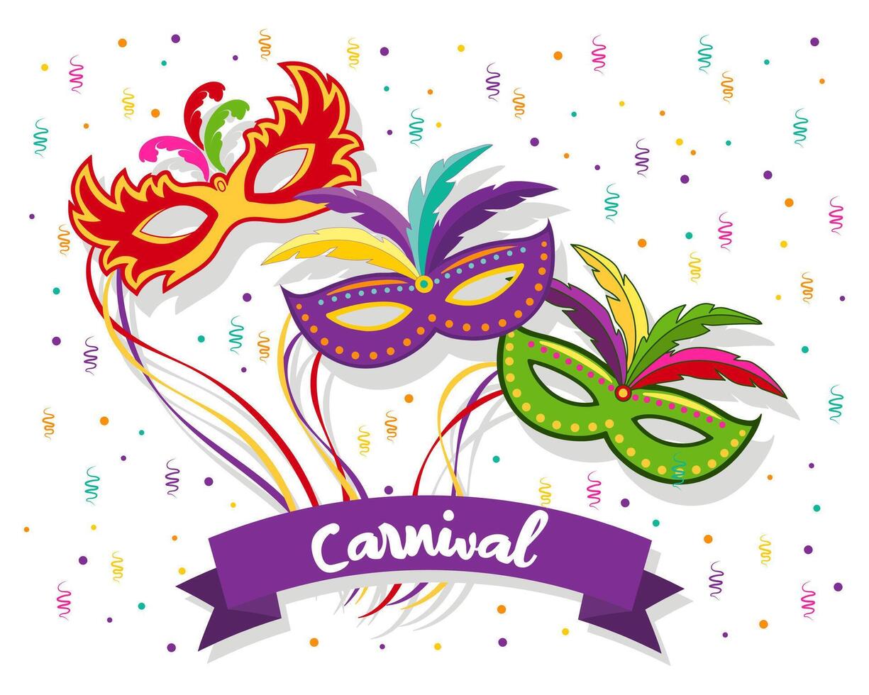 coloridas máscaras de carnaval y carnaval de texto sobre el fondo de confeti y fuegos artificiales. mardi gras banner, cartel, vector