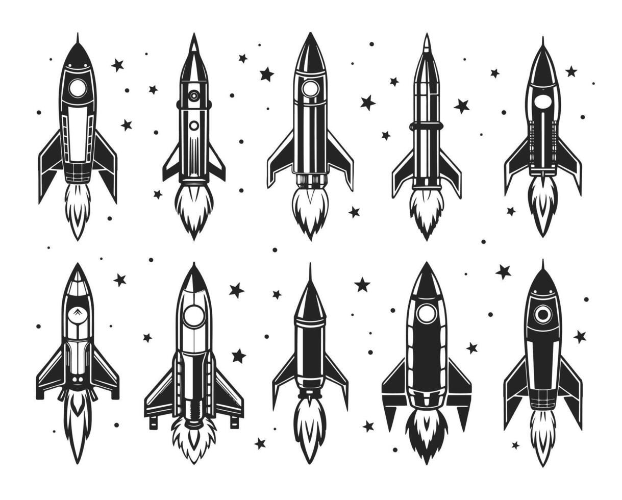 Set of space rockets and shuttles. Black and white silhouettes. Vector