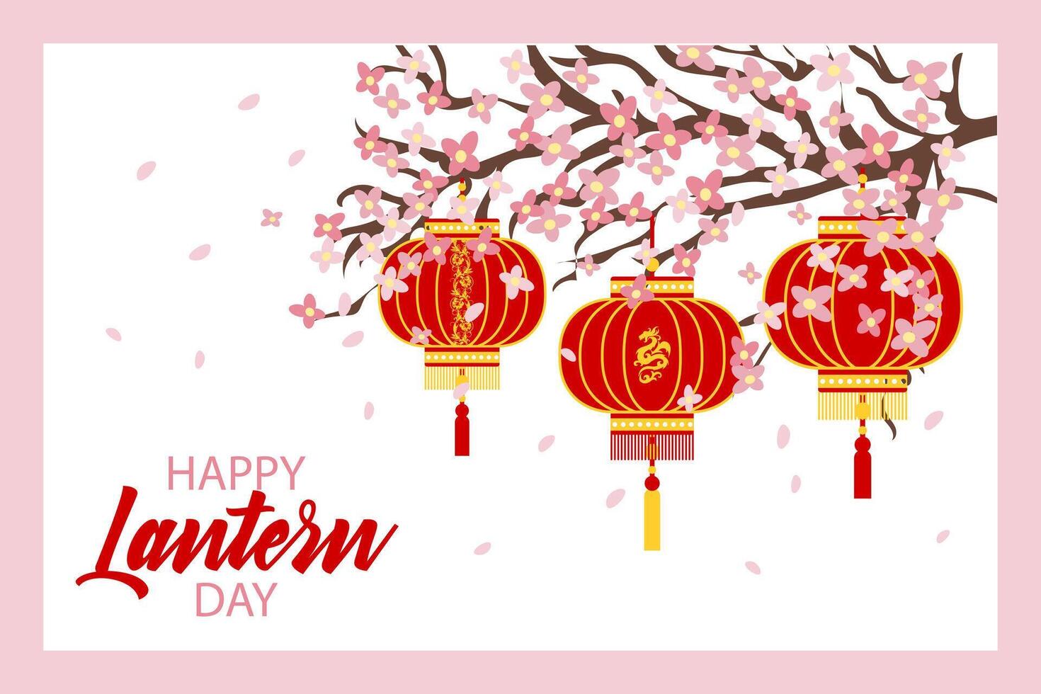 Happy lantern day, red chinese lanterns on cherry blossom branch. Congratulation banner, postcard, poster, vector