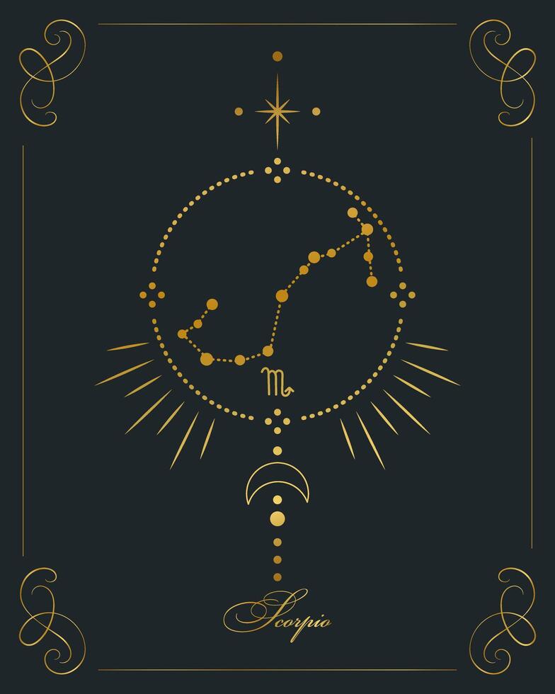 Magic astrology poster with scorpio constellation, tarot card. Golden design on a black background. Vertical illustration, vector