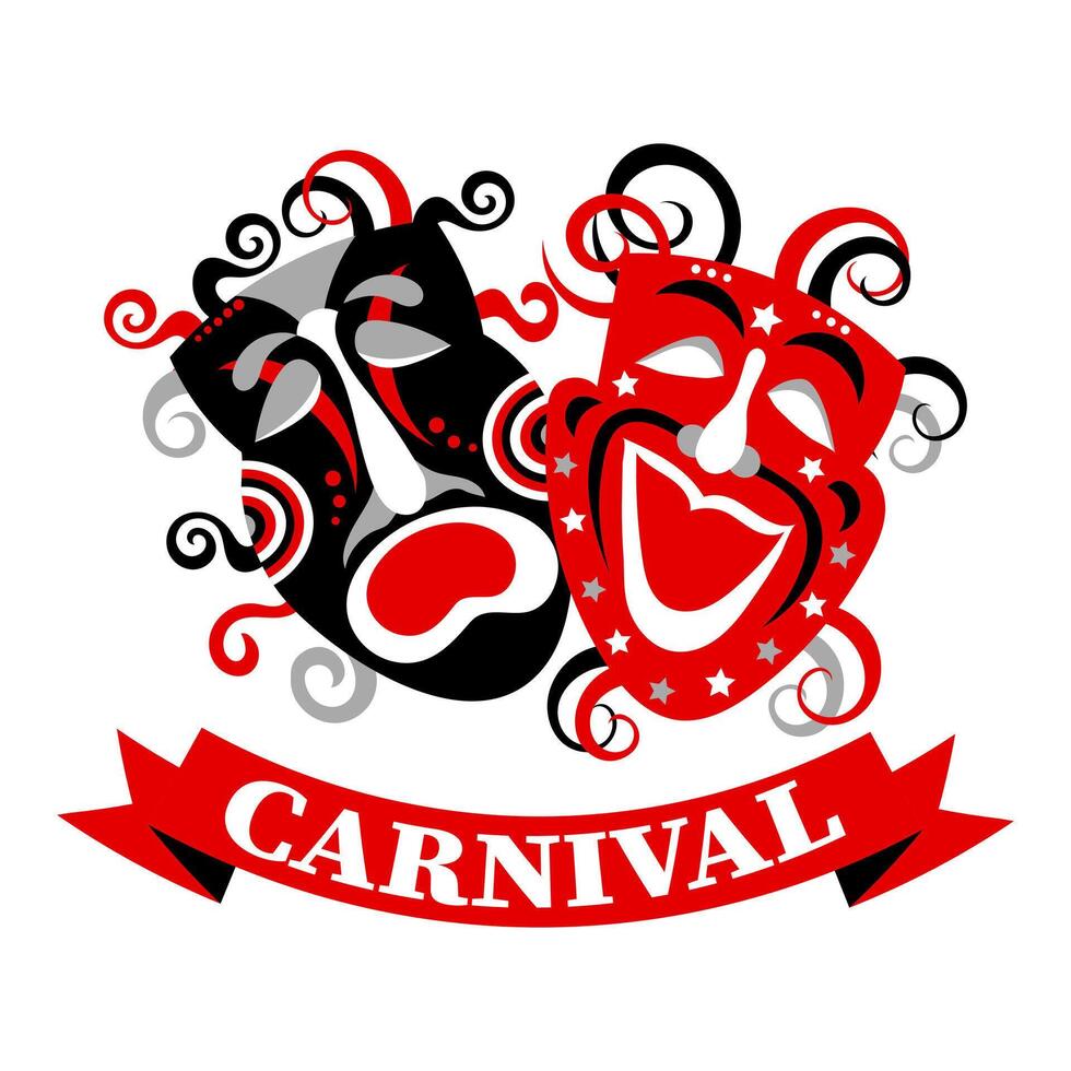 Colorful carnival masks and greeting text Carnival. Red and black design. Banner, poster, vector