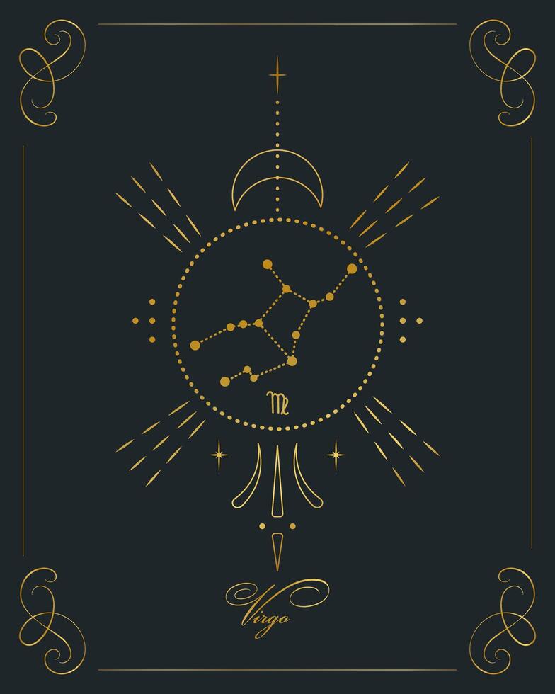 Magic astrology poster with Virgo constellation, tarot card. Golden design on a black background. Vertical illustration, vector