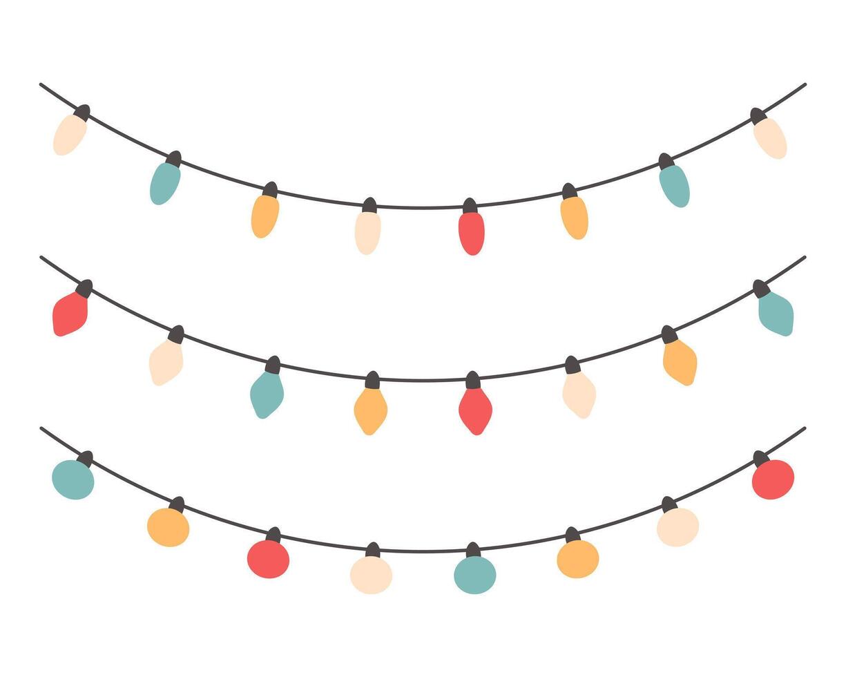 A set of festive garlands with multi-colored lamps. Icons in flat style. Vector