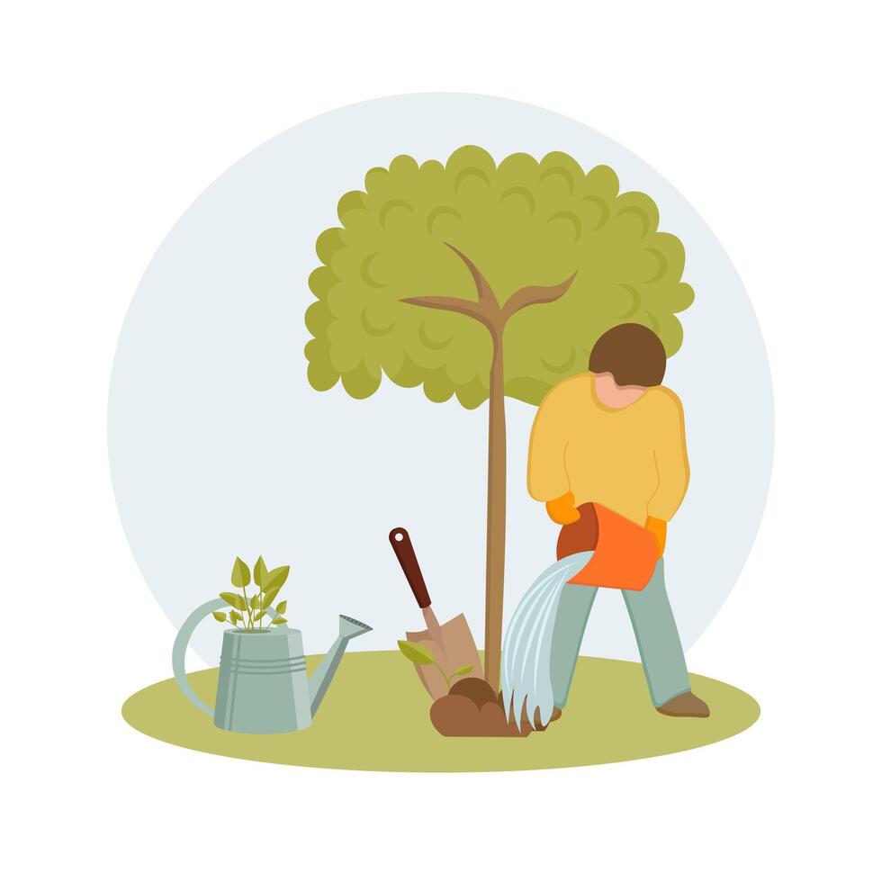 Gardening, a man with a watering can waters a tree. Spring illustration, vector