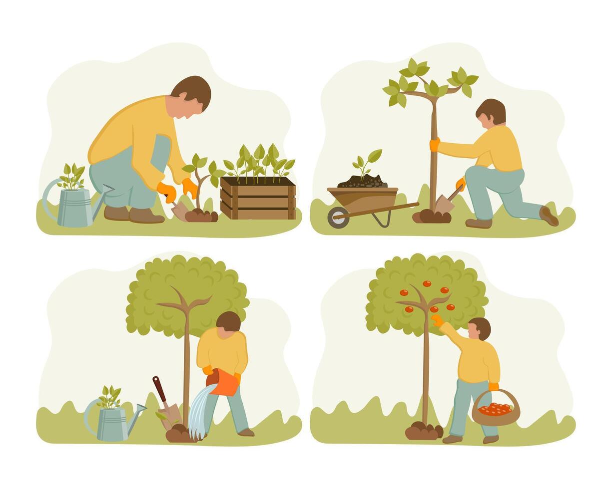 Gardening set, man planting and caring for trees. Spring illustration, vector