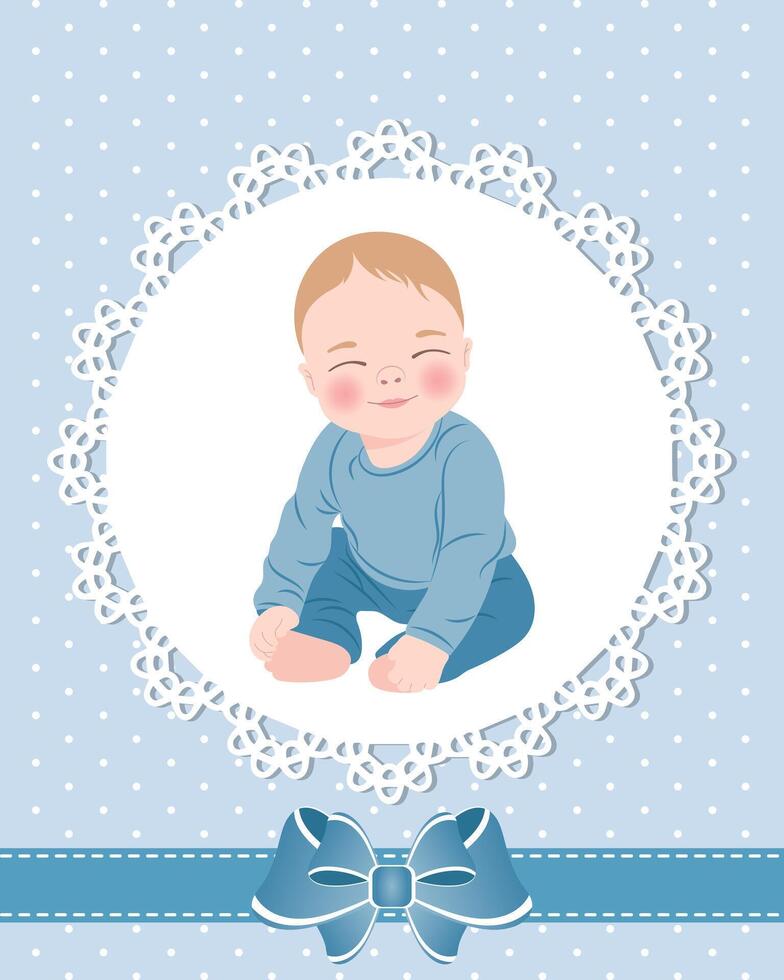 Baby card with cute baby boy and lace pattern with bow. Design for newborns. Illustration, greeting card, vector. vector