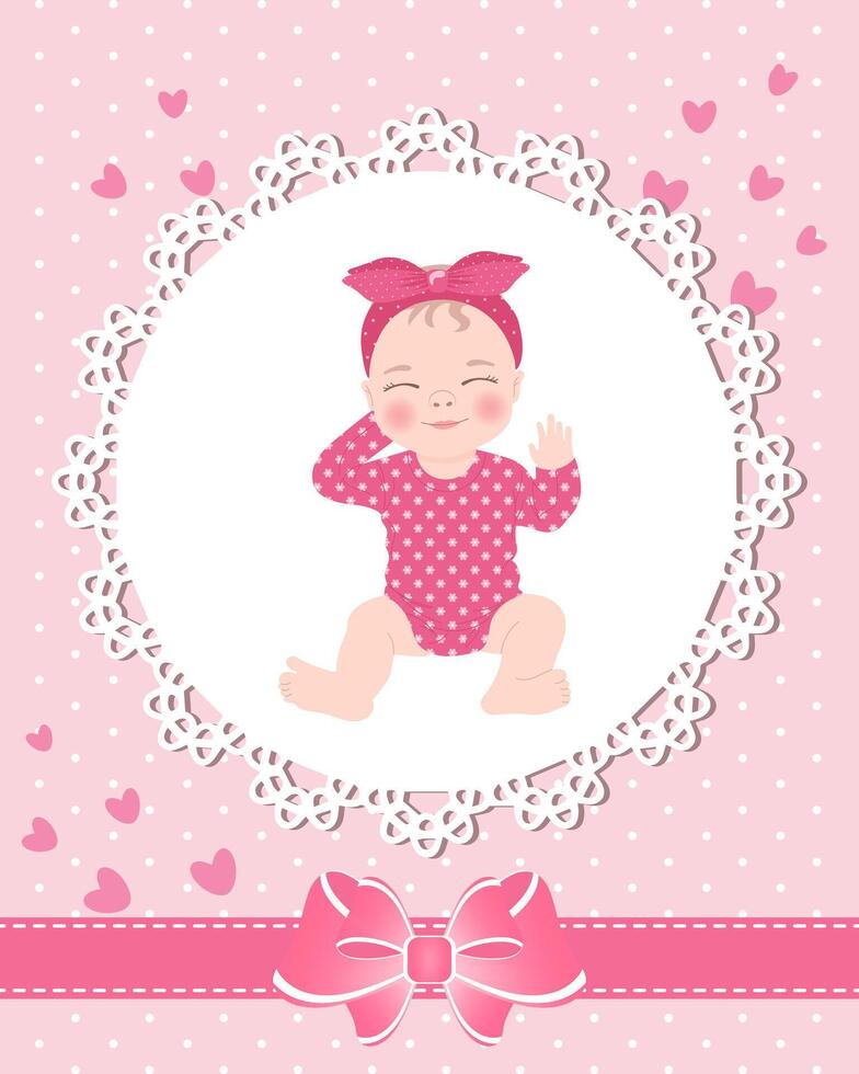 Children's greeting card with a cute baby girl on a lace template with a bow and hearts. Newborn design, vector. vector