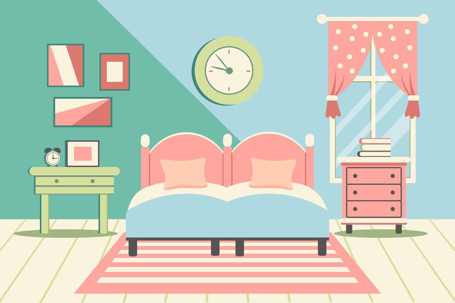 Cozy bedroom. Bedroom interior bed with pillows, carpet, bedside tables, wardrobe, window. Flat illustration. Vector