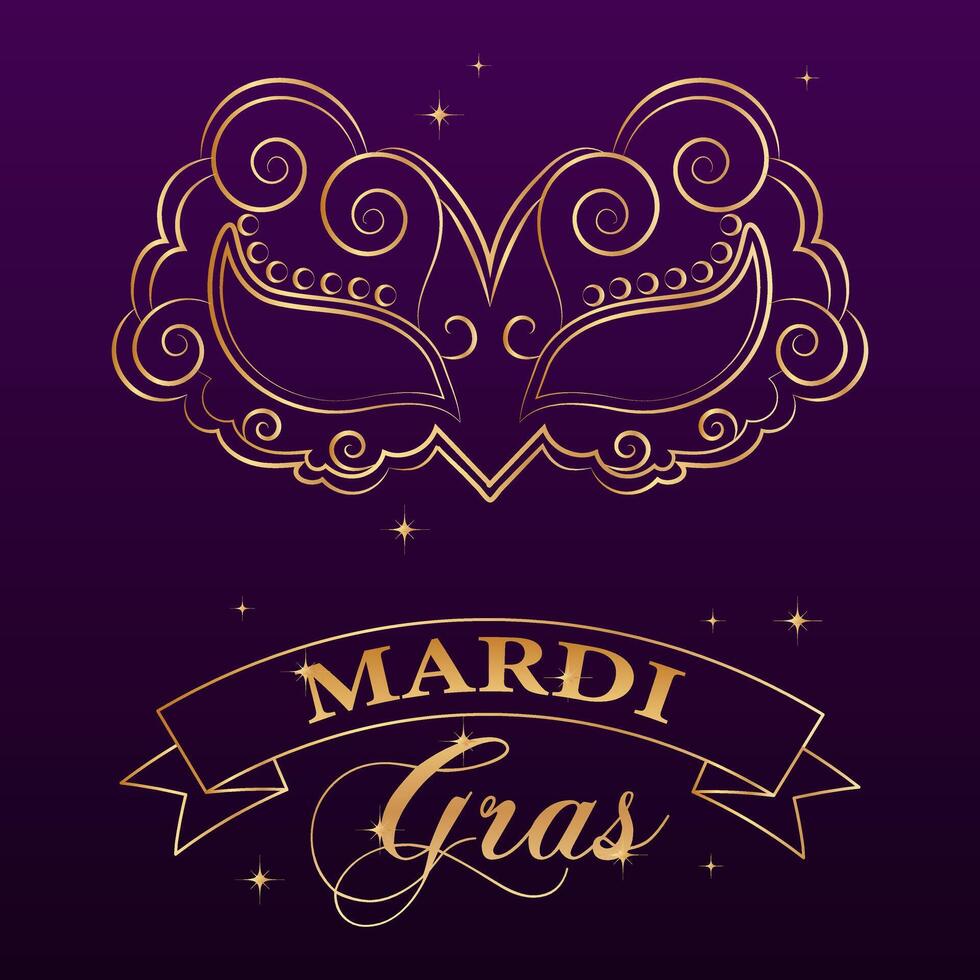 pancarta de mardi gras, máscara de carnaval de lujo dorado y texto sobre fondo de estrella. cartel, volante, vector