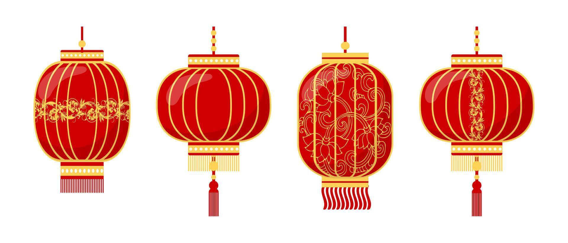 Set of colorful Chinese lanterns with patterns and dragons. Decor elements for Lantern Festival. icons, vector