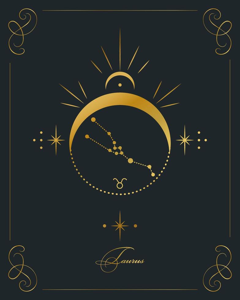 Magic astrology poster with Taurus constellation, tarot card. Golden design on a black background. Vertical illustration, vector