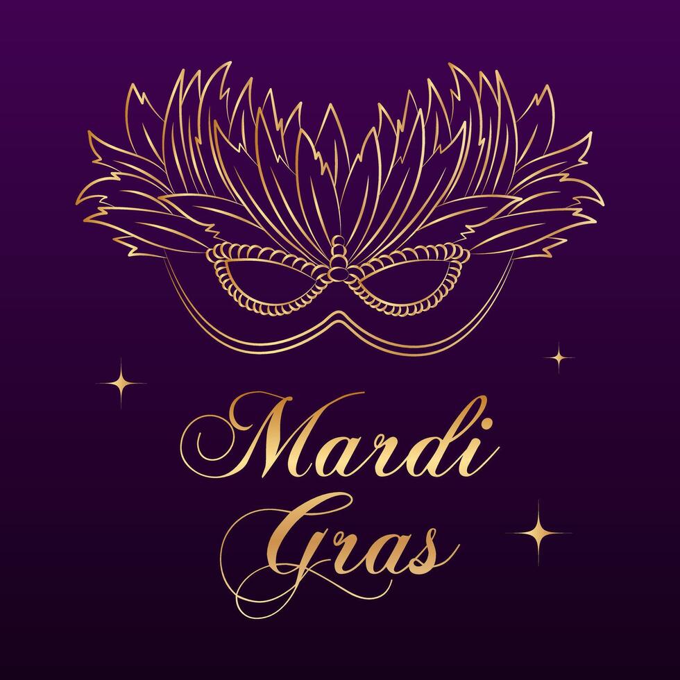 pancarta de mardi gras, máscara de carnaval de lujo dorado y texto sobre fondo de estrella. cartel, volante, vector